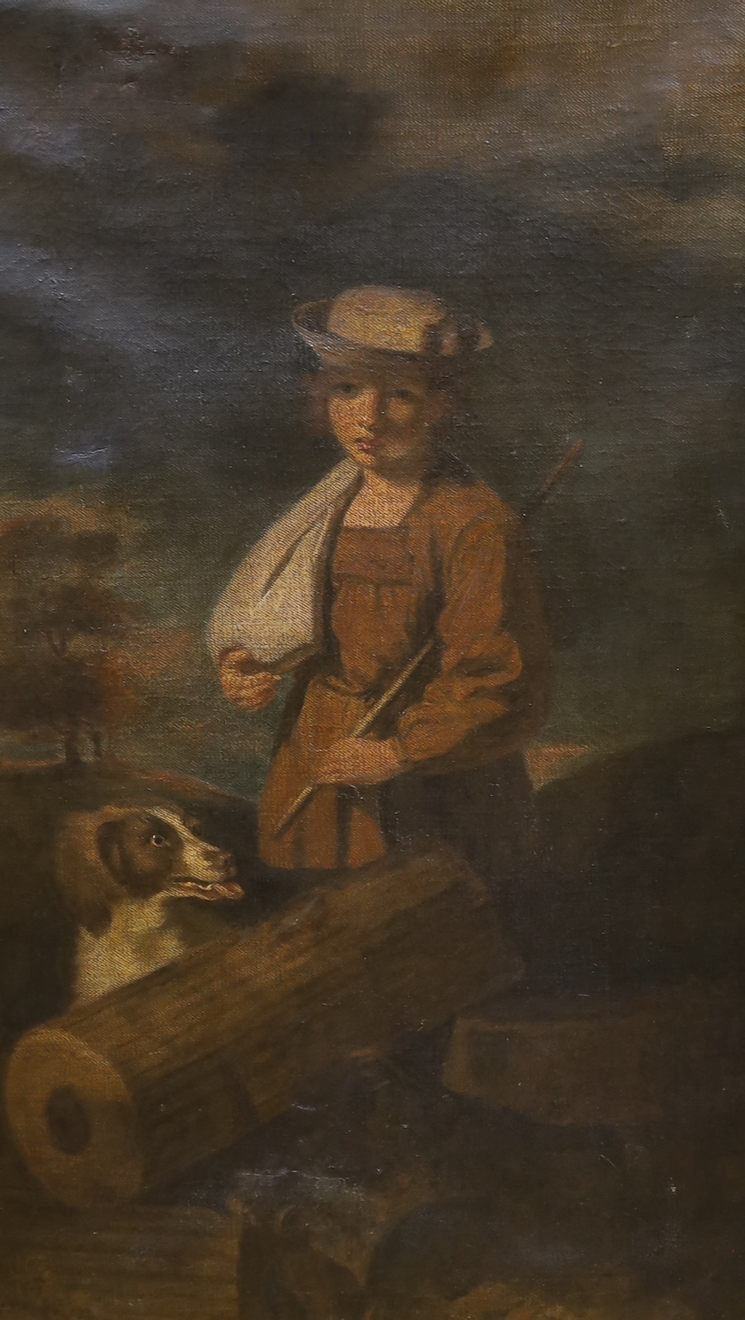 19th century English School, oil on canvas, Traveller and dog beside fallen trees, 78 x 47cm